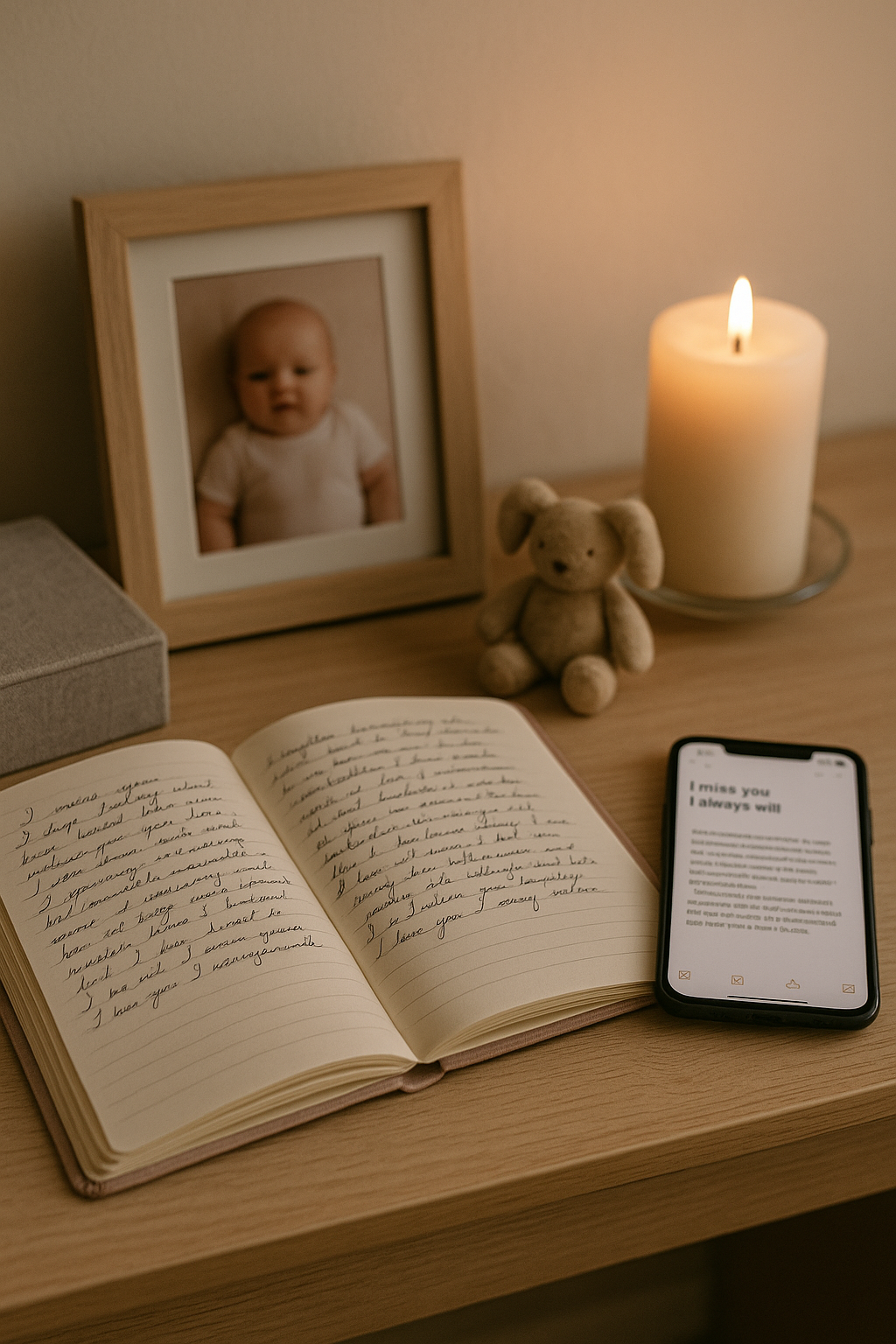 An open, handwritten journal and next to it a phone containing journal entries to be written. Surrounded by a framed baby photo, lit candle, and a small teddy- creating a calm, reflective atmosphere.