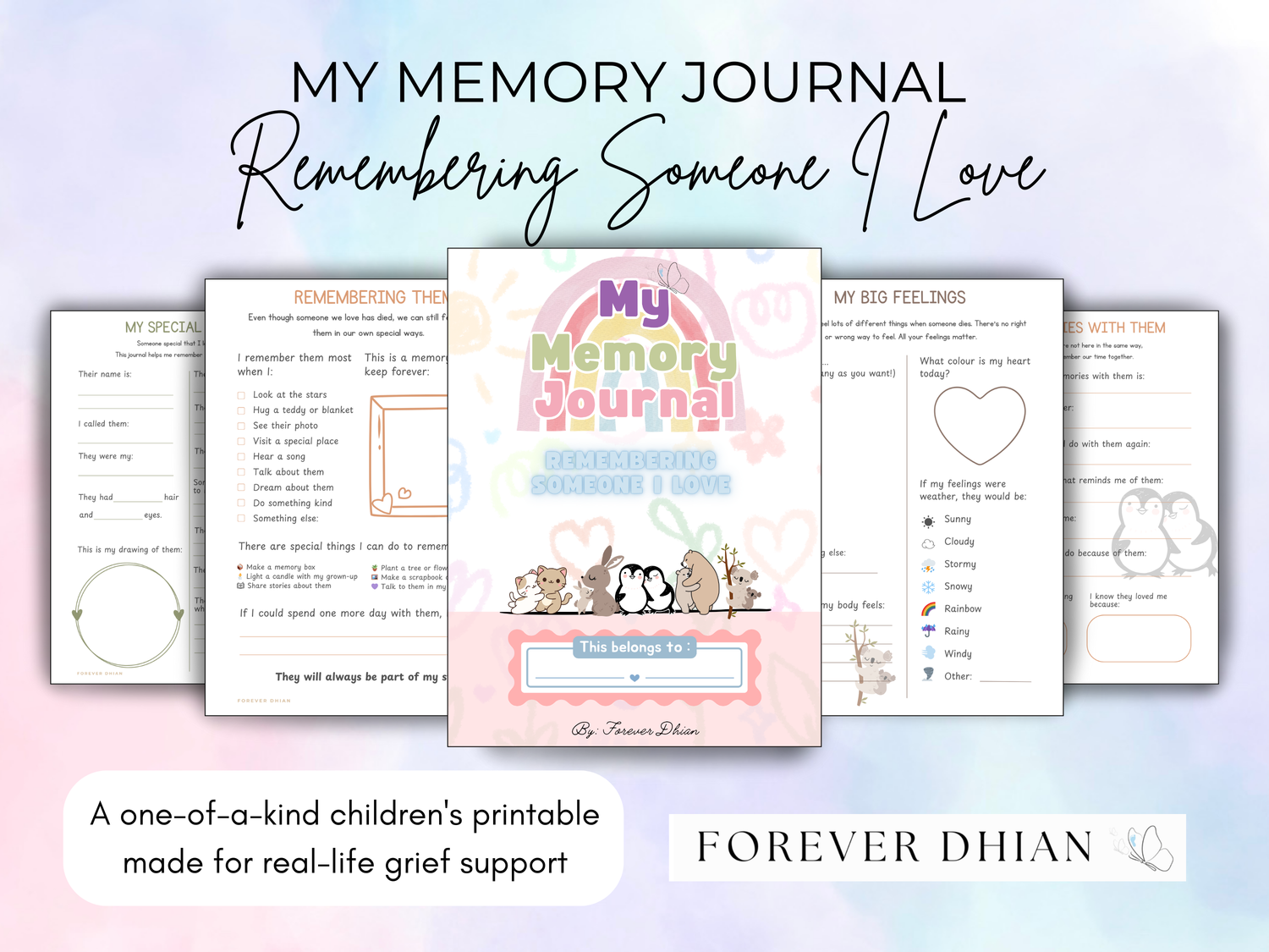 Preview of printable pages from the children's grief journal ‘Remembering Someone I Love’ showing colorful, gentle activity sheets designed to support grieving kids with drawing, writing, and emotional prompts.