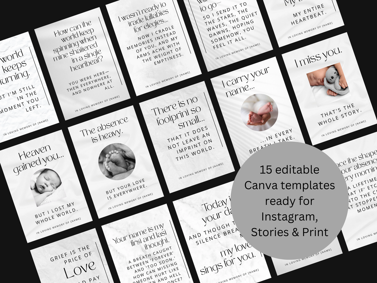 15 editable canva templates about sudden loss of a baby or child. Ready for social media and printing as a keepsake.
