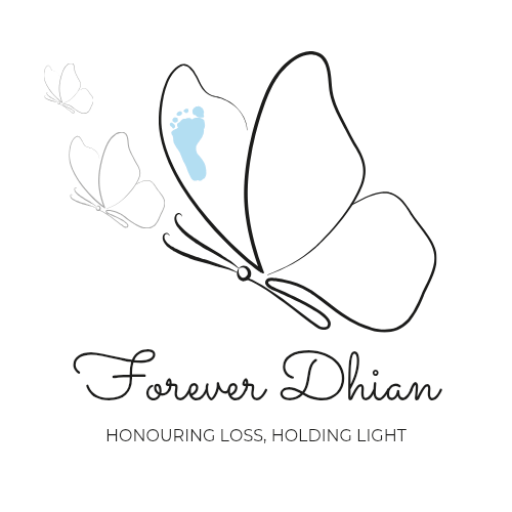 Brand image of a delicate butterfly with a small blue footprint on one of its wings. There are two smaller feint butterflies to symbolize it flying away. Underneath it says 'honouring loss, holding light'.