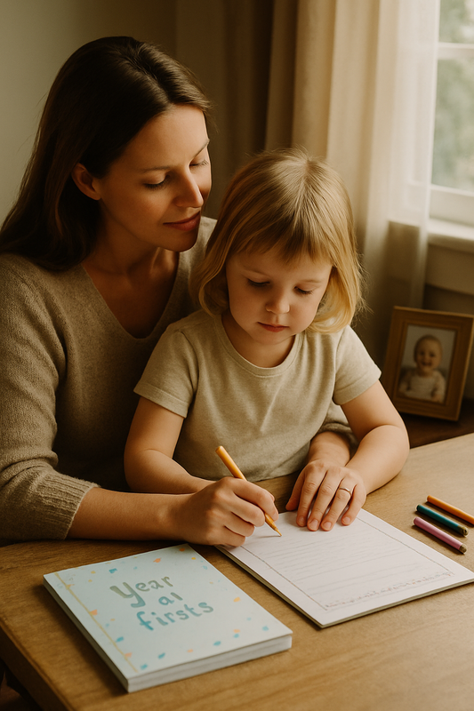 A soft, warm-toned photo of a parent and child sitting together, journaling or drawing at a table, surrounded by gentle natural lighting, with a framed photo of their loved one in the background.